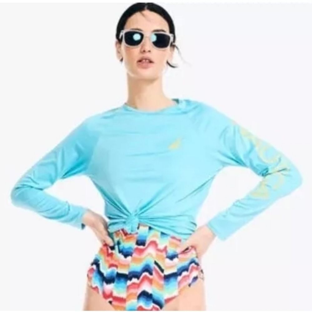 Nautica Teal Logo Swim Rashguard Rash Guard Sun Top Long Sleeve UPF Women's M - Picture 3 of 5